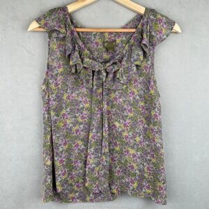 Fei Anthropologie Purple Floral 100% Silk Ruffle Tie Neck Boho Chic Blouse 6
